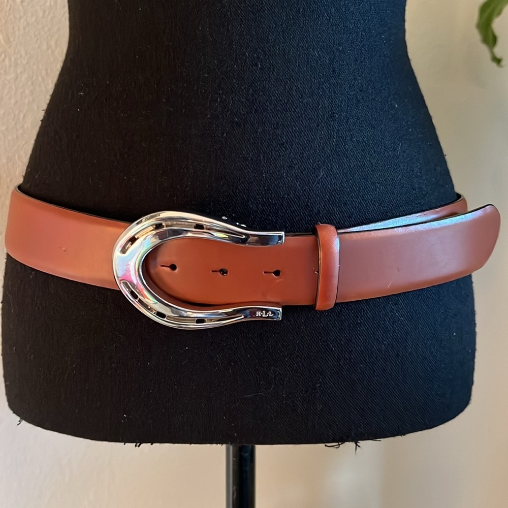 Ralph Lauren Women’s Silver Tone Horse Shoe Buckle Brown Leather Belt Small
